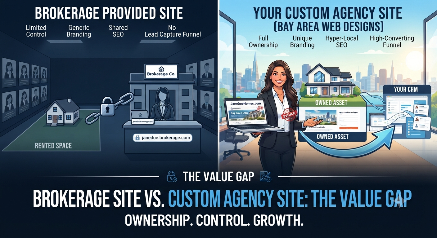 Side-by-side comparison of a generic brokerage real estate site versus a custom agent website